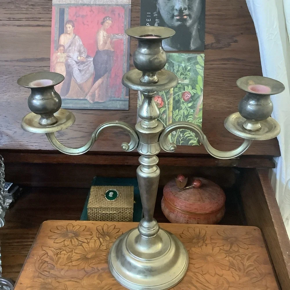 Vintage Antique Large 3 Arm Silvertone Brass Candelabra Candle Stick Ornate